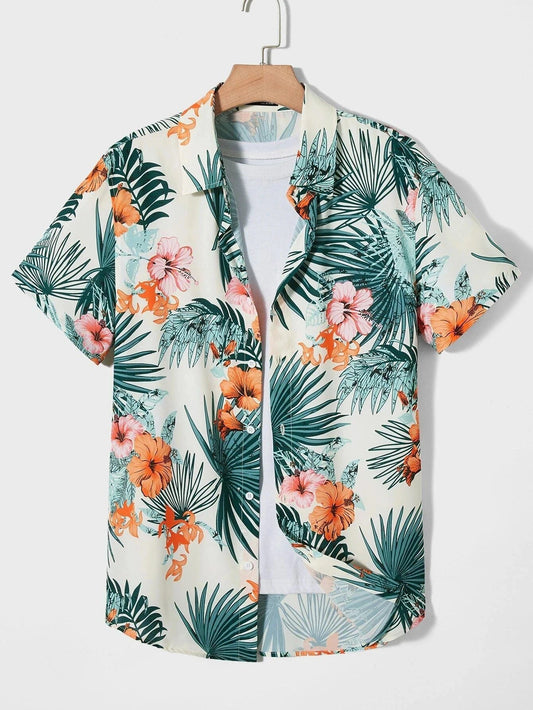 Hawaiian Floral Print Short Sleeve Button-Down Shirt