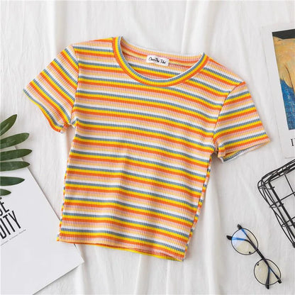 Summer Rainbow Striped Slim Fit T-Shirt