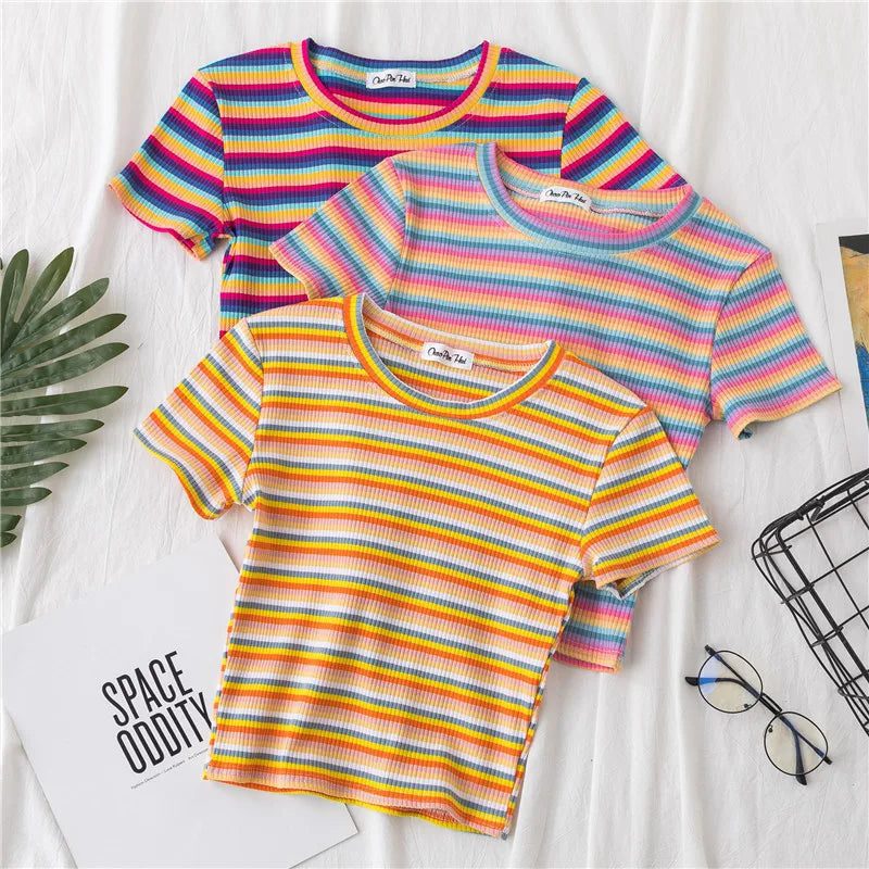 Summer Rainbow Striped Slim Fit T-Shirt