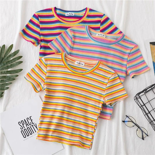 Summer Rainbow Striped Slim Fit T-Shirt