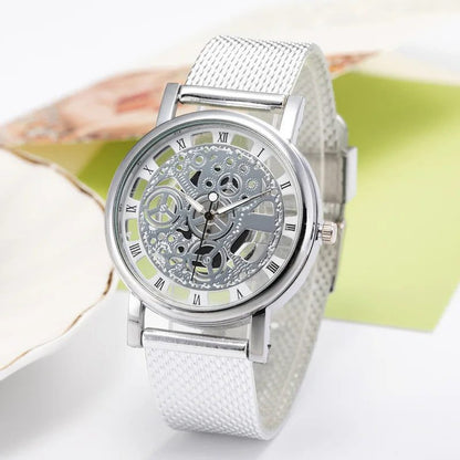 Unisex Skeleton Quartz Watch with Mesh Band