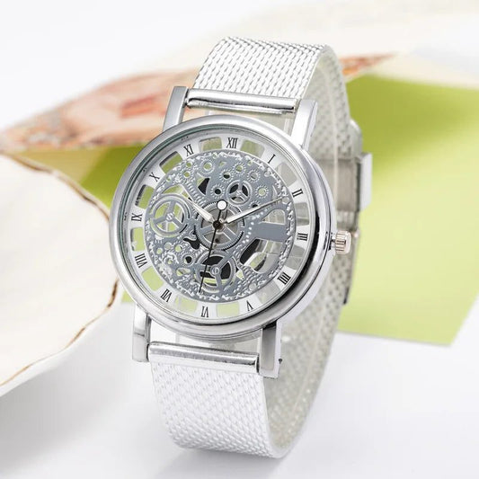 Unisex Skeleton Quartz Watch with Mesh Band