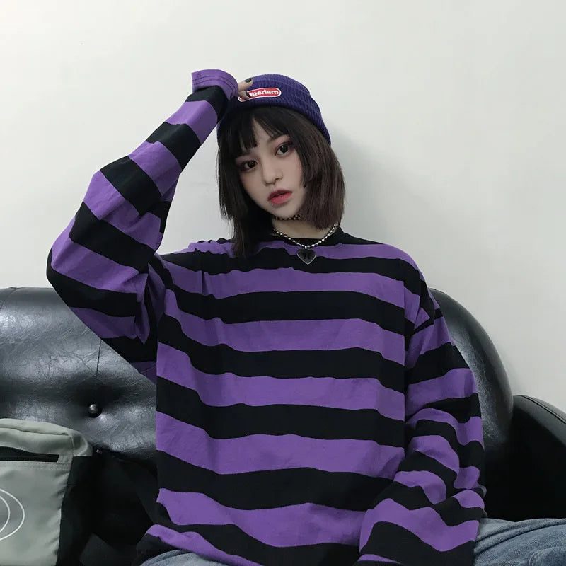 Purple Striped Long Sleeve T-Shirt for Women