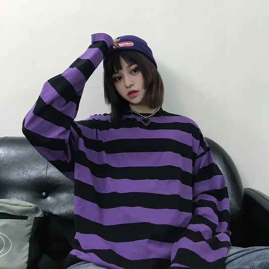 Purple Striped Long Sleeve T-Shirt for Women