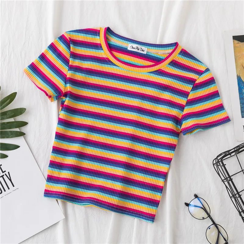 Summer Rainbow Striped Slim Fit T-Shirt