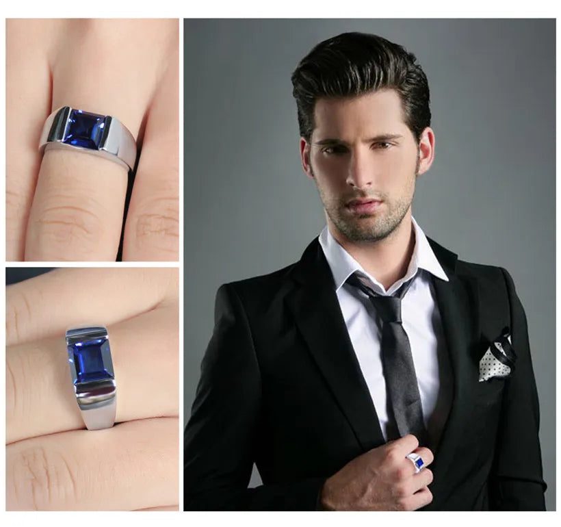 Men's 925 Sterling Silver Blue Sapphire Ring