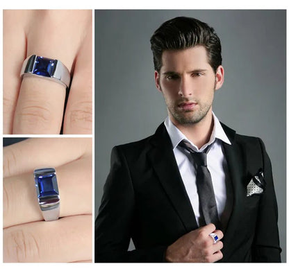 Men's 925 Sterling Silver Blue Sapphire Ring