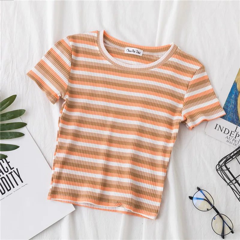 Summer Rainbow Striped Slim Fit T-Shirt