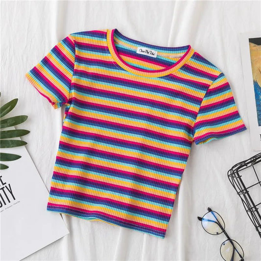 Summer Rainbow Striped Slim Fit T-Shirt