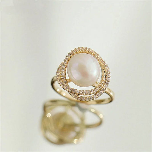 Luxury Micro Pave Pearl Flower Twist Ring