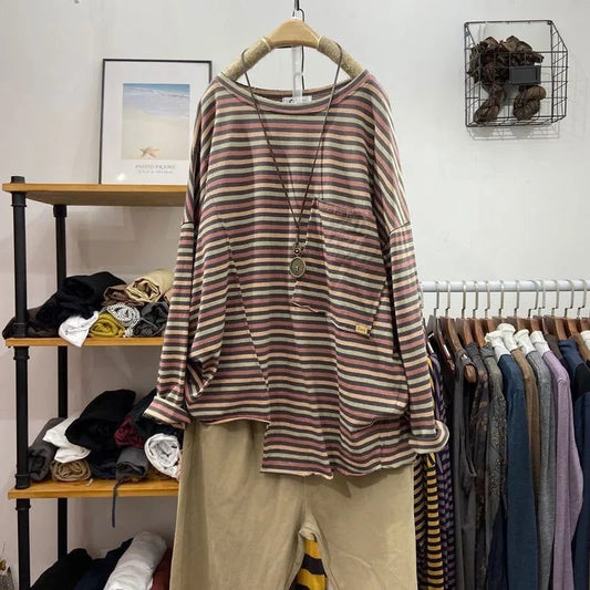 Stylish Long Sleeve Cotton Striped T-Shirts for Women