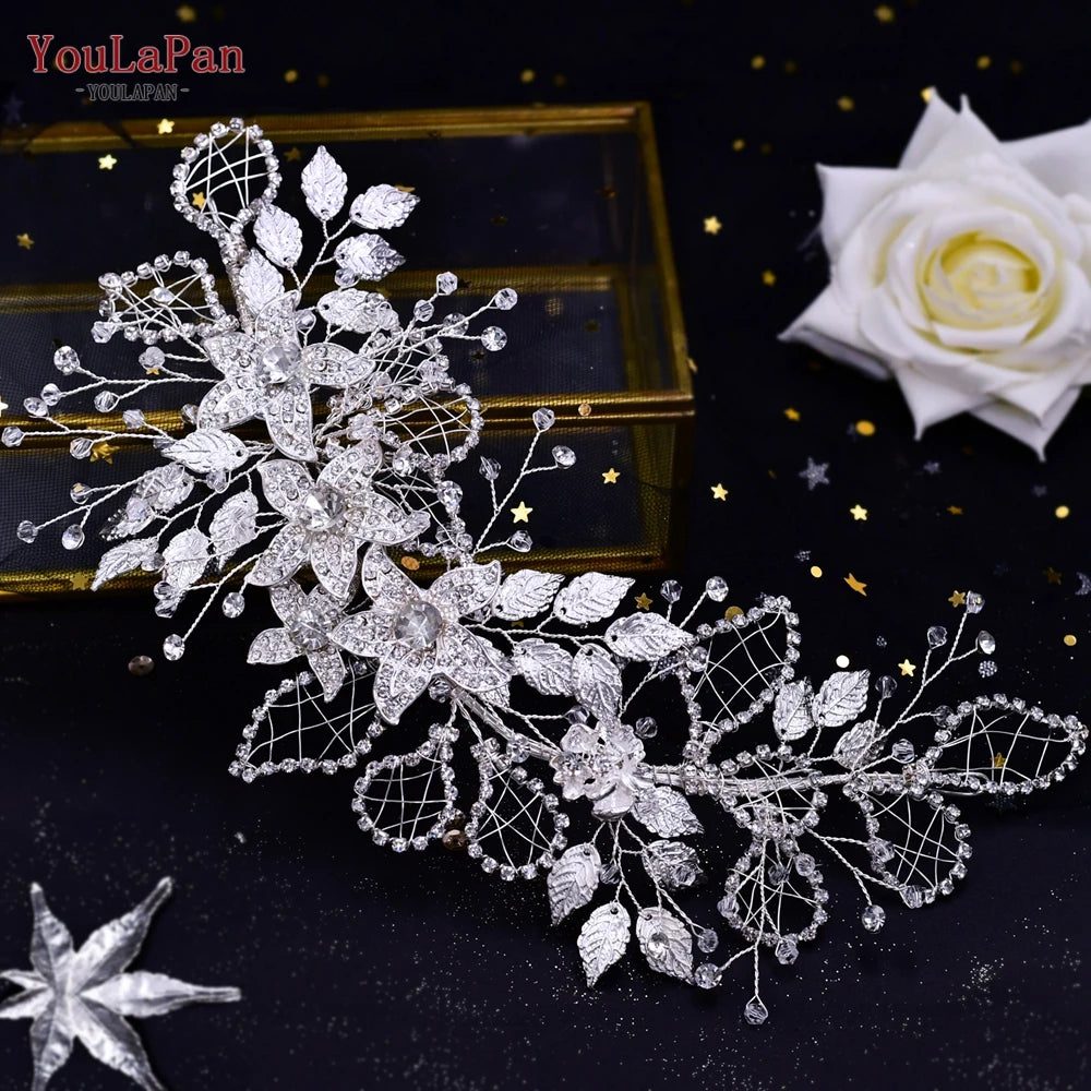 Bridal Rhinestone Flower Leaf Headband Tiara