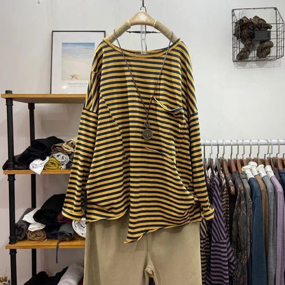 Stylish Long Sleeve Cotton Striped T-Shirts for Women