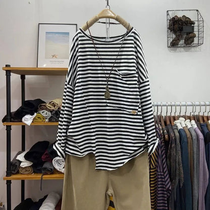 Stylish Long Sleeve Cotton Striped T-Shirts for Women