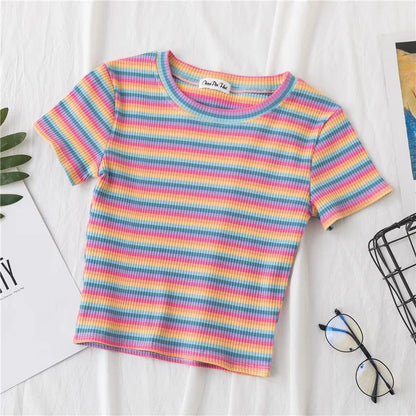 Summer Rainbow Striped Slim Fit T-Shirt