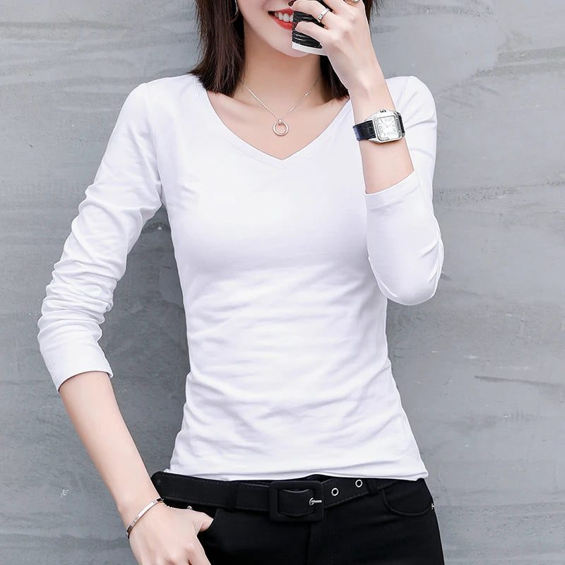 Chic Long Sleeve V-Neck Cotton T-Shirts