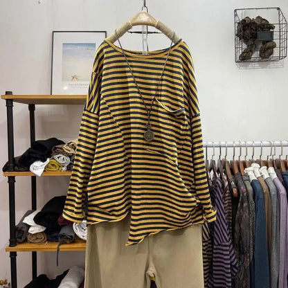 Stylish Long Sleeve Cotton Striped T-Shirts for Women