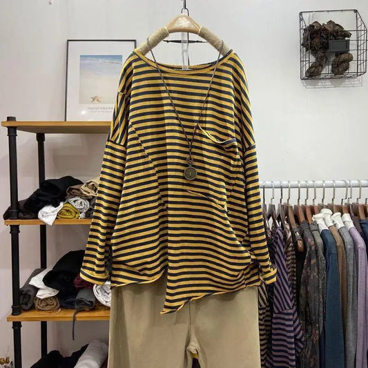 Stylish Long Sleeve Cotton Striped T-Shirts for Women