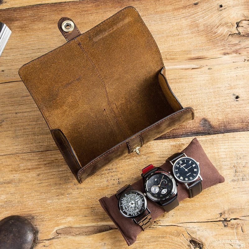 Handmade Cow Leather 3 Slot Watch Case
