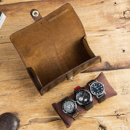 Handmade Cow Leather 3 Slot Watch Case