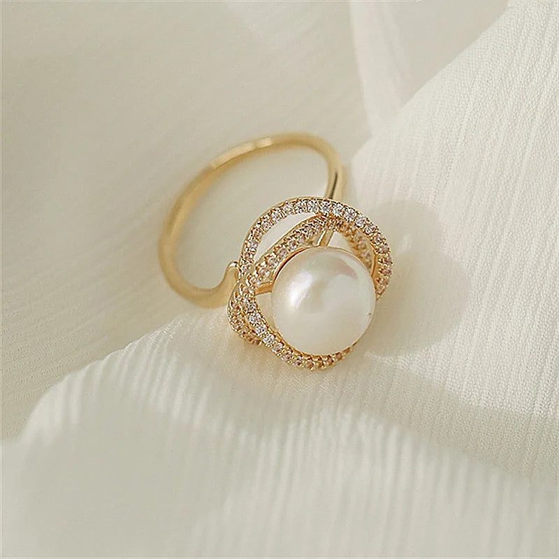 Luxury Micro Pave Pearl Flower Twist Ring