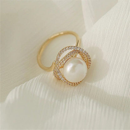 Luxury Micro Pave Pearl Flower Twist Ring