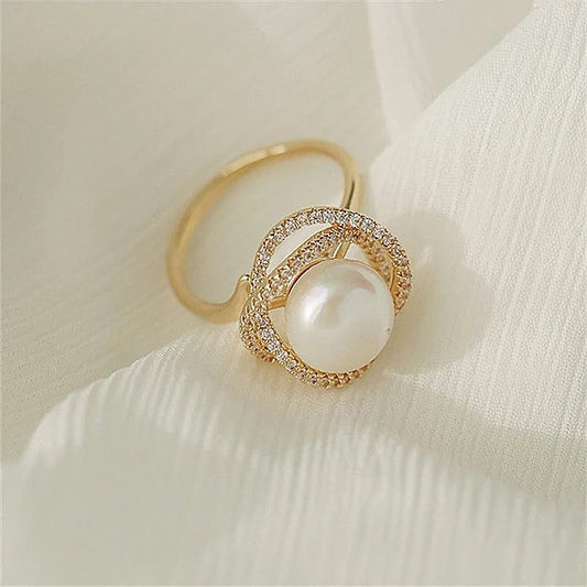 Luxury Micro Pave Pearl Flower Twist Ring