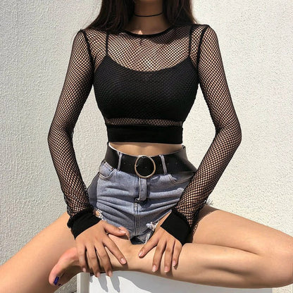 Sexy Black Mesh Crop Top Women Summer