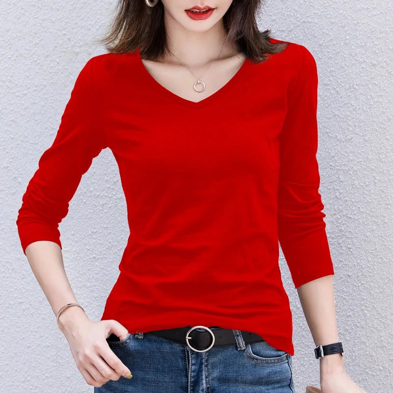 Chic Long Sleeve V-Neck Cotton T-Shirts
