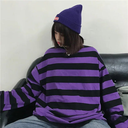 Purple Striped Long Sleeve T-Shirt for Women
