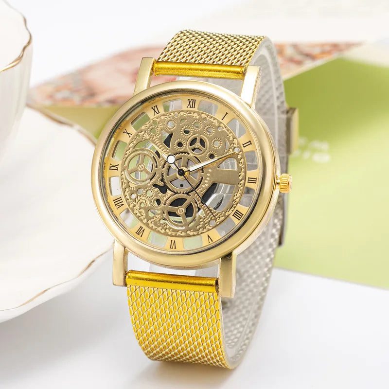 Unisex Skeleton Quartz Watch with Mesh Band