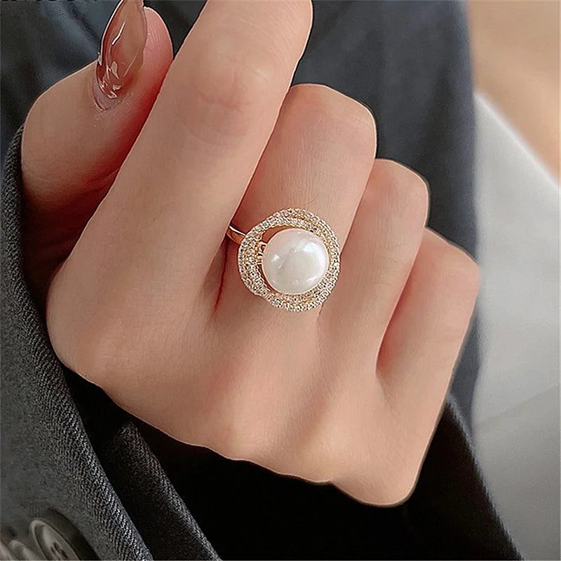 Luxury Micro Pave Pearl Flower Twist Ring