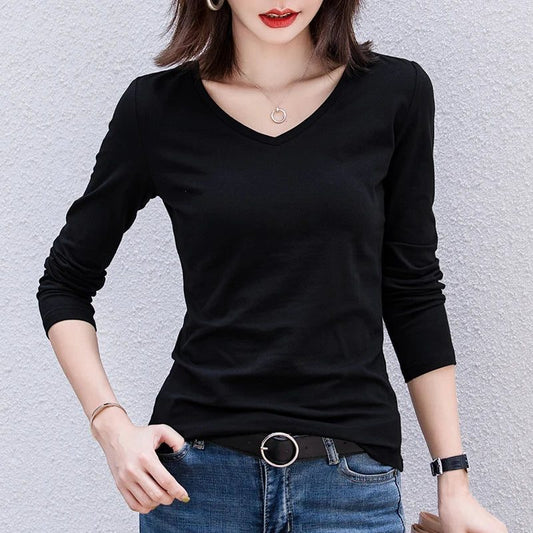 Chic Long Sleeve V-Neck Cotton T-Shirts