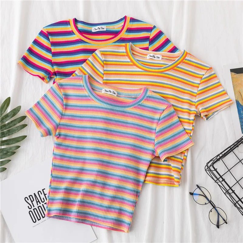Summer Rainbow Striped Slim Fit T-Shirt