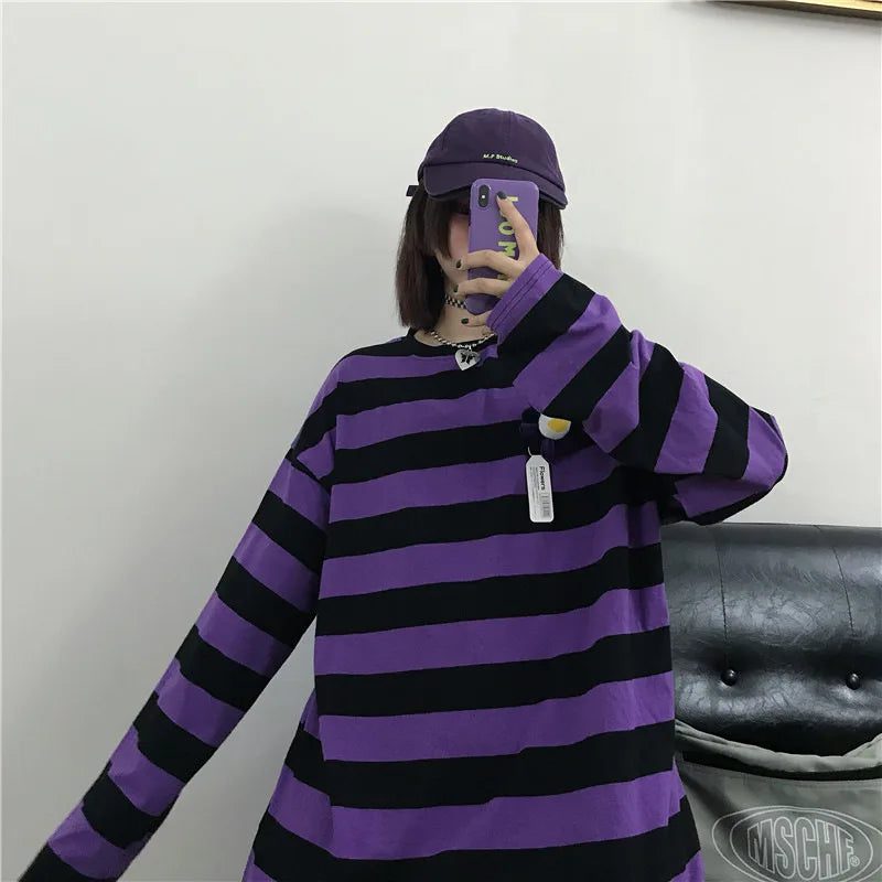 Purple Striped Long Sleeve T-Shirt for Women