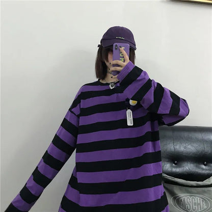 Purple Striped Long Sleeve T-Shirt for Women