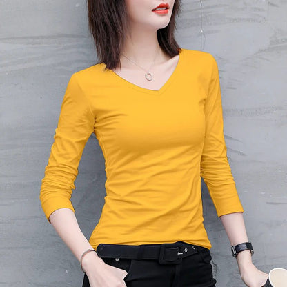 Chic Long Sleeve V-Neck Cotton T-Shirts