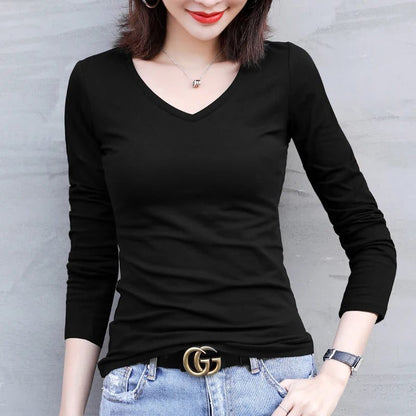 Chic Long Sleeve V-Neck Cotton T-Shirts