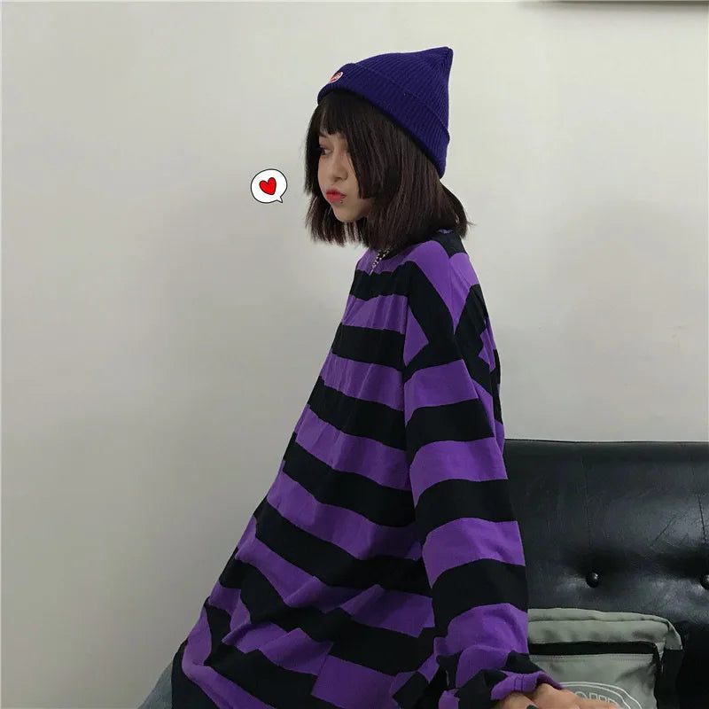 Purple Striped Long Sleeve T-Shirt for Women