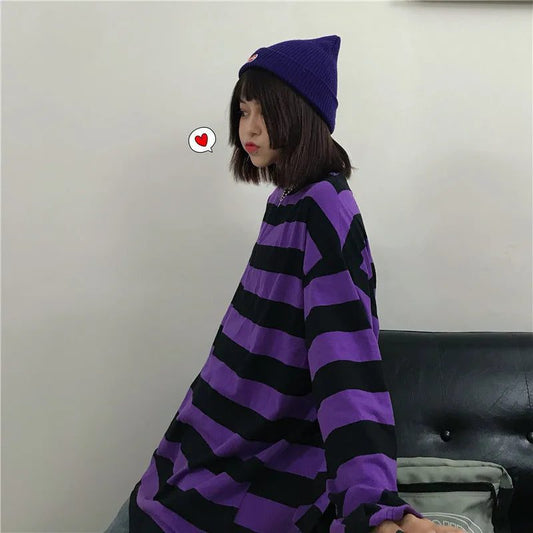 Purple Striped Long Sleeve T-Shirt for Women