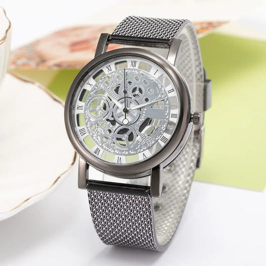 Unisex Skeleton Quartz Watch with Mesh Band