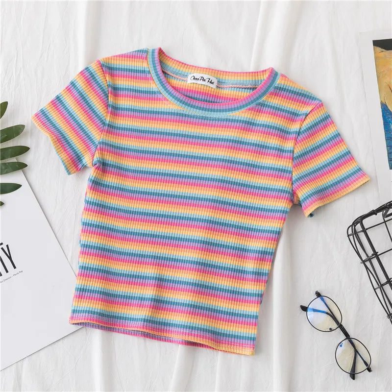 Summer Rainbow Striped Slim Fit T-Shirt