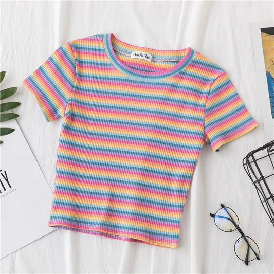 Summer Rainbow Striped Slim Fit T-Shirt