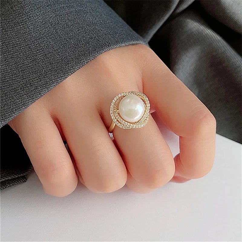 Luxury Micro Pave Pearl Flower Twist Ring
