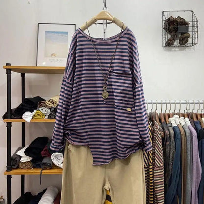 Stylish Long Sleeve Cotton Striped T-Shirts for Women