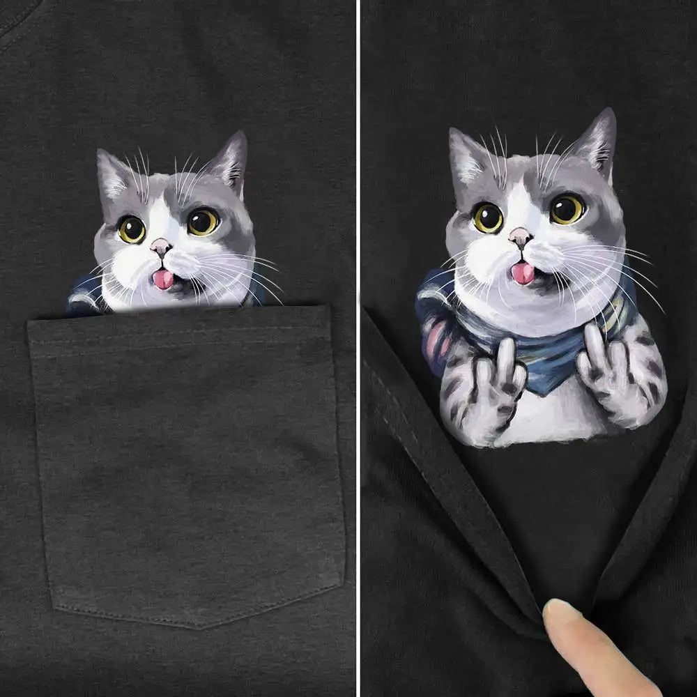 Funny Cat Middle Finger Pocket T-Shirt