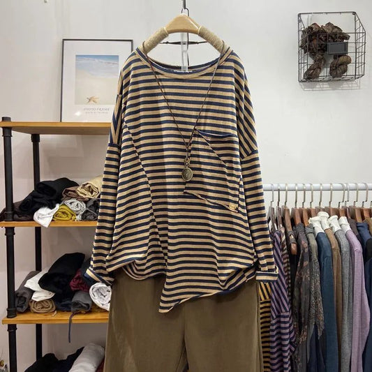 Stylish Long Sleeve Cotton Striped T-Shirts for Women
