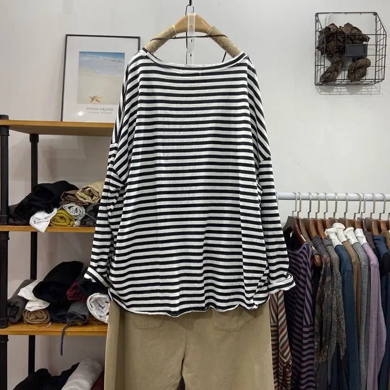 Stylish Long Sleeve Cotton Striped T-Shirts for Women