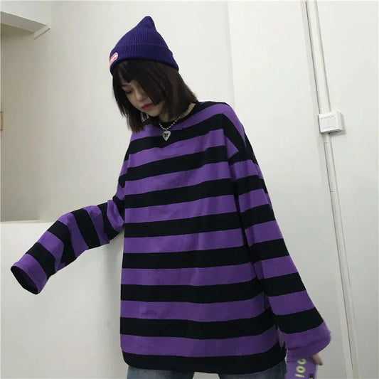 Purple Striped Long Sleeve T-Shirt for Women
