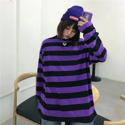 Purple Striped Long Sleeve T-Shirt for Women